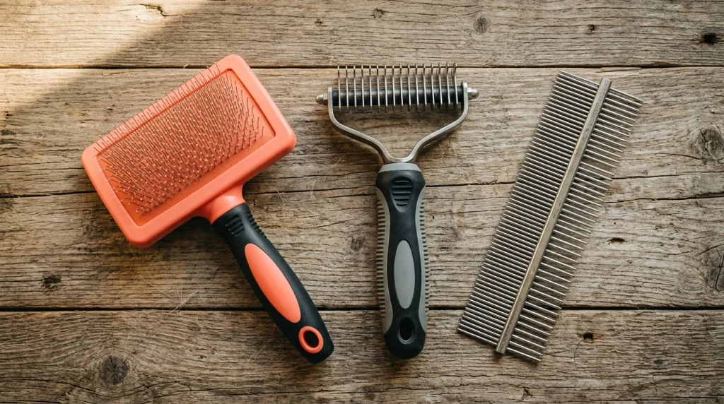 Flat lay arrangement of slicker brushes, rakes, and steel combs for double coats.