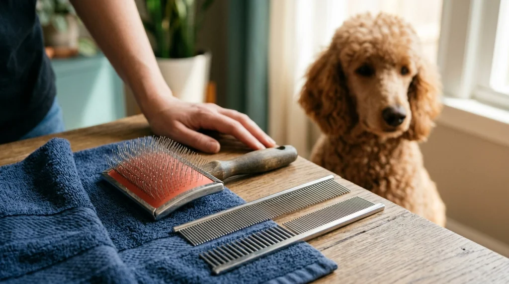 Slicker brush and two metal grooming combs arranged beside a curly-coated Poodle.