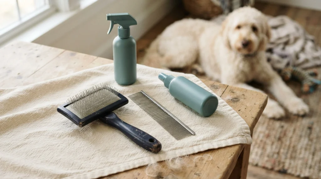 Long-pin slicker brush, steel grooming comb, and dog detangling spray on a wooden grooming table.