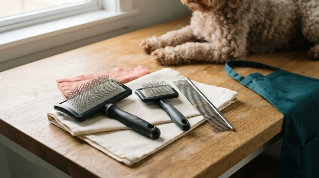 Long-pin slicker brush, soft-tooth slicker brush, and steel comb for grooming wavy dog coats.