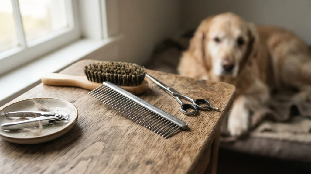 Long-pin slicker, self-cleaning slicker, and stainless-steel comb arranged for grooming a wavy-haired dog.
