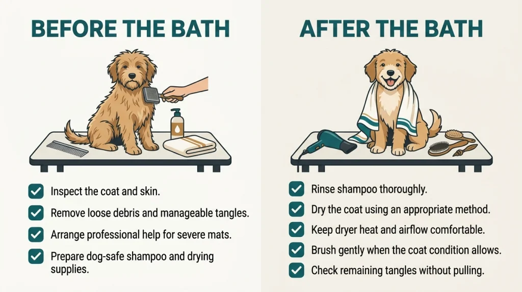 Dog bathing infographic comparing pre-bath brushing and preparation with rinsing, drying, and post-bath comb checks.
