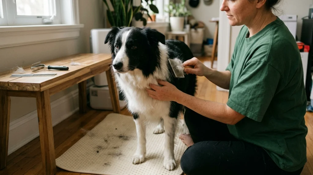 Border Collie receiving gentle section-by-section brushing to avoid damaging a double coat.
