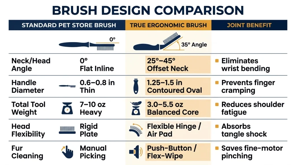 Comparison infographic of standard vs ergonomic dog brush features including neck angle and weight