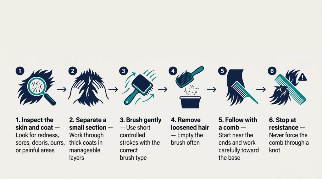 Six-step dog grooming process showing brushing first and comb checking afterward