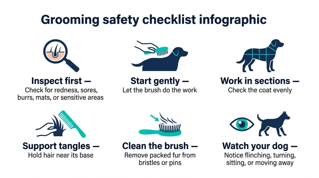 Six-step infographic showing how to brush soft dog fur without damaging coat or skin
