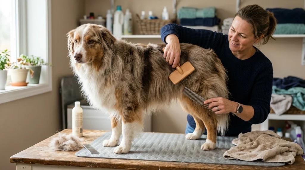 Owner brushing a long-coated dog before checking the groomed section with a metal comb