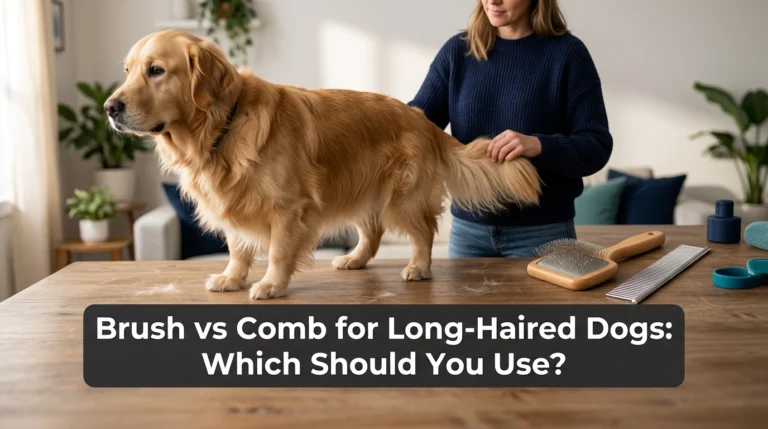 Long-haired dog beside a grooming brush and comb for coat care comparison