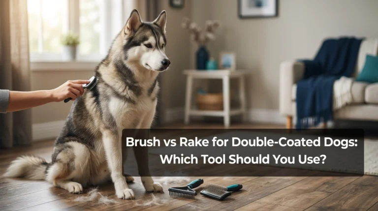 Double-coated dog with slicker brush and undercoat rake for grooming comparison