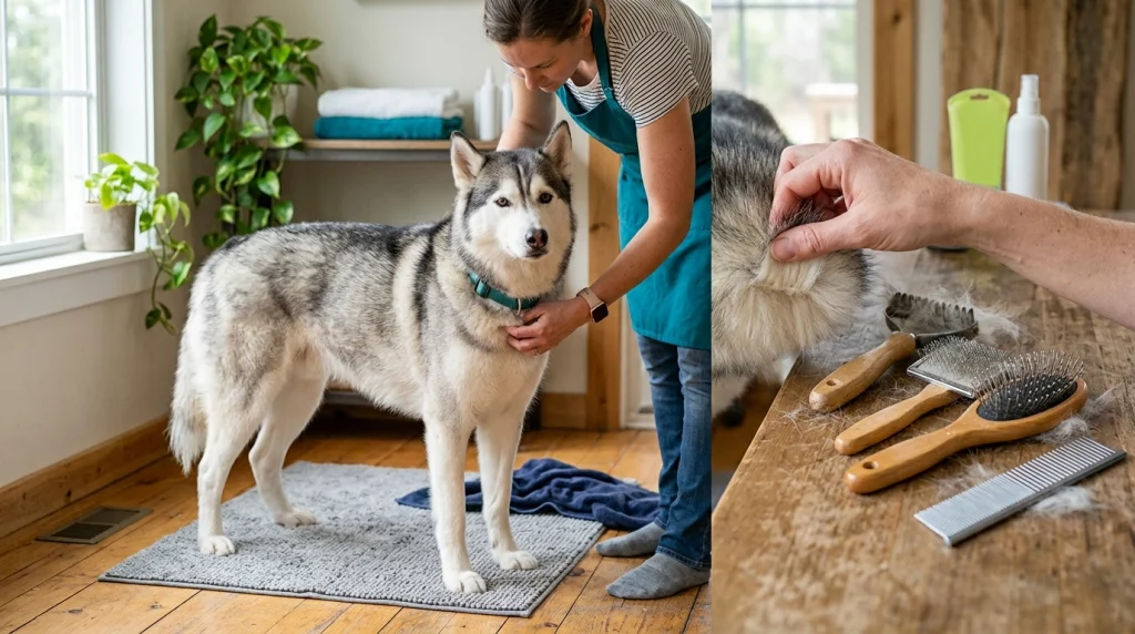Double-coated dog beside undercoat rake, slicker brush, pin brush and steel comb
