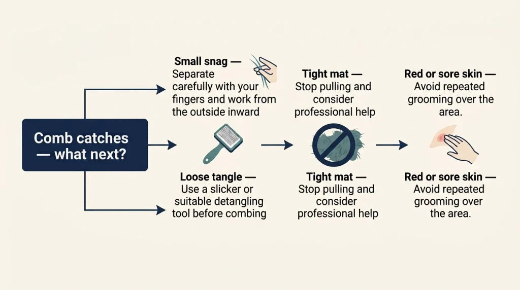 Flowchart showing safe responses to small snags, loose tangles, tight mats and sore skin
