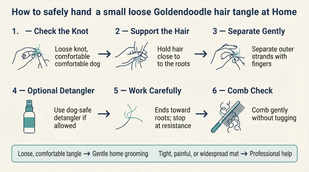 Six-step infographic explaining safe home care for loose doodle hair tangles and when to seek grooming help.