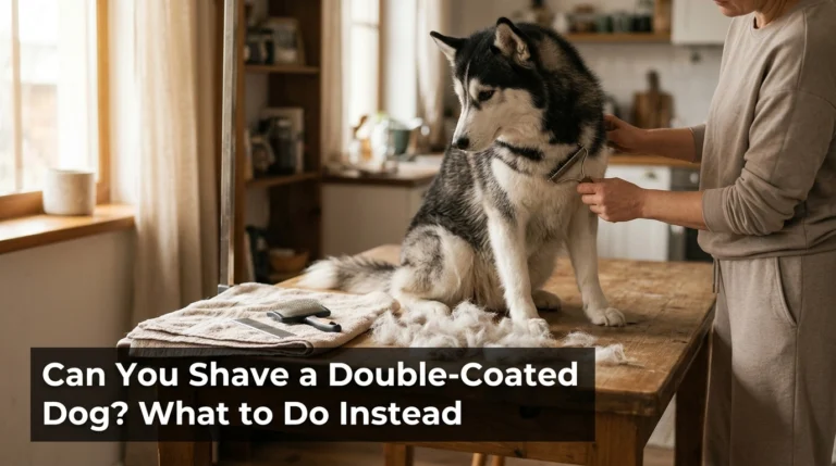 Siberian Husky receiving gentle undercoat brushing instead of a full-body shave.