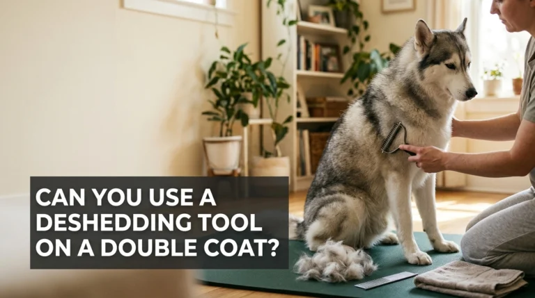 Siberian Husky being gently groomed with an undercoat rake for double-coat deshedding.
