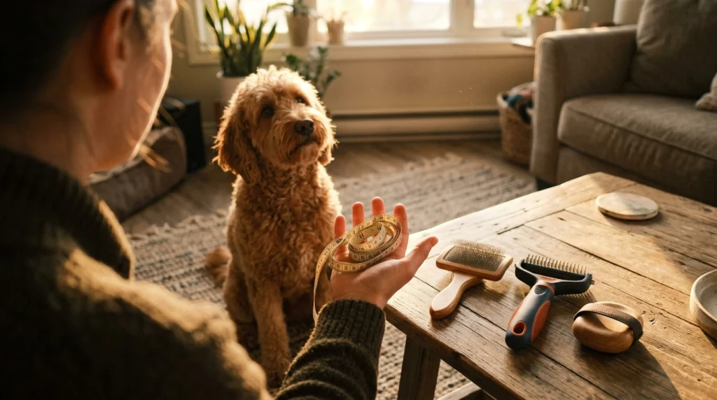 Dog owner measuring palm width beside a Goldendoodle and three ergonomic dog brushes for different coat types.
