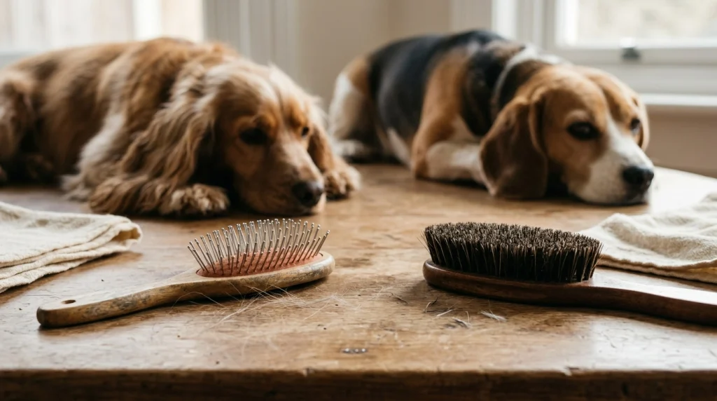 Dog owner gently parts a dog's coat to check brush pin reach and test a grooming brush.