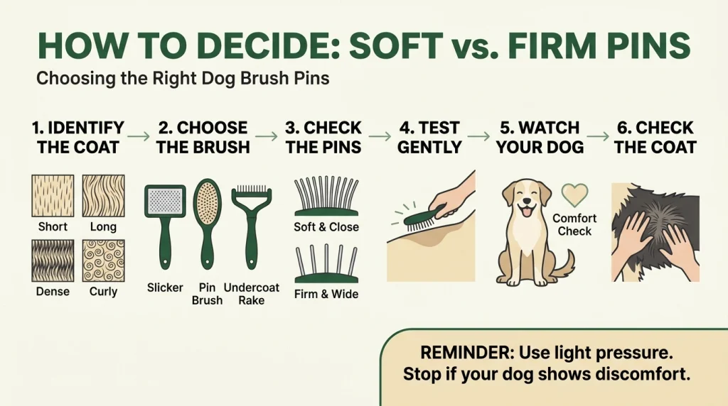 Six-step infographic for choosing dog brush pin stiffness based on coat and comfort.