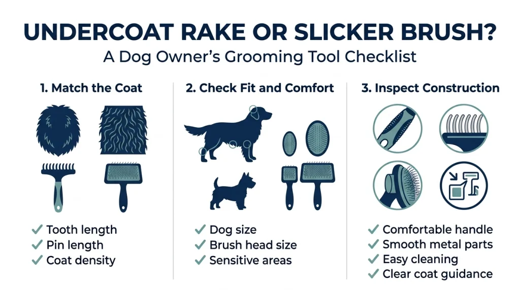 Dog grooming tool selection checklist covering coat density, brush size, handle comfort, and cleaning.