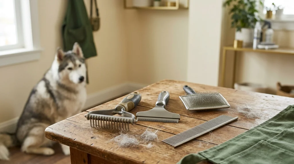 Undercoat rake, metal deshedding tool, and slicker brush arranged for double-coat grooming.