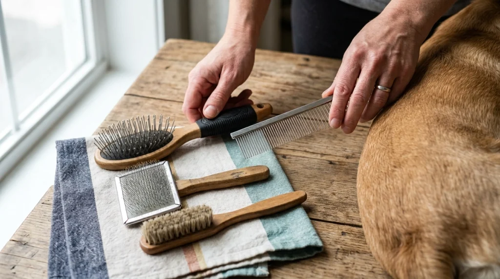 Dog brushes and combs showing different pin lengths, tooth spacing, grips and head sizes
