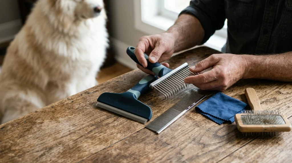 Undercoat rake, deshedding tool, and steel pet comb arranged for a dog-grooming tool comparison.