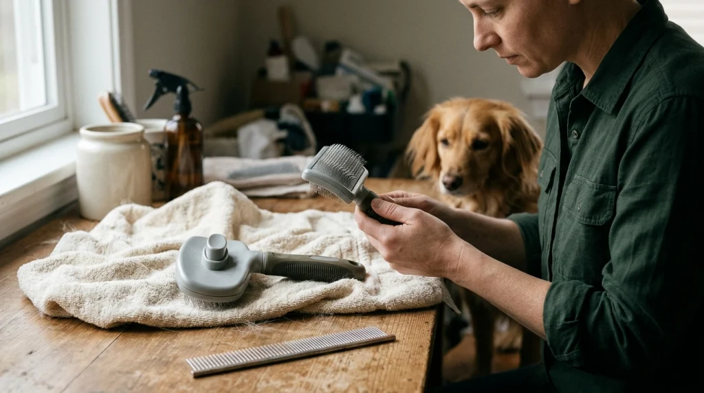 Dog owner comparing self-cleaning slicker brushes and checking pin design before grooming.
