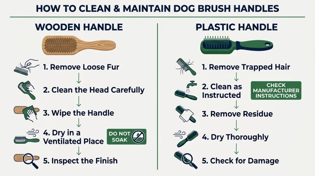 Infographic showing how to clean, dry, and inspect wooden and plastic dog brush handles.