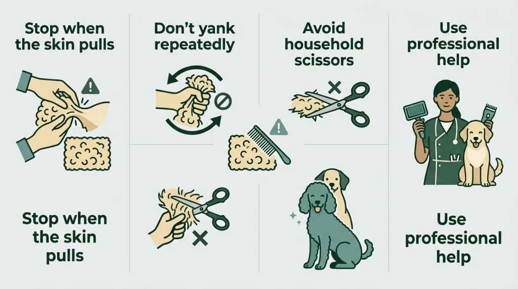 Safety infographic showing when not to force a comb through mats in curly dog hair