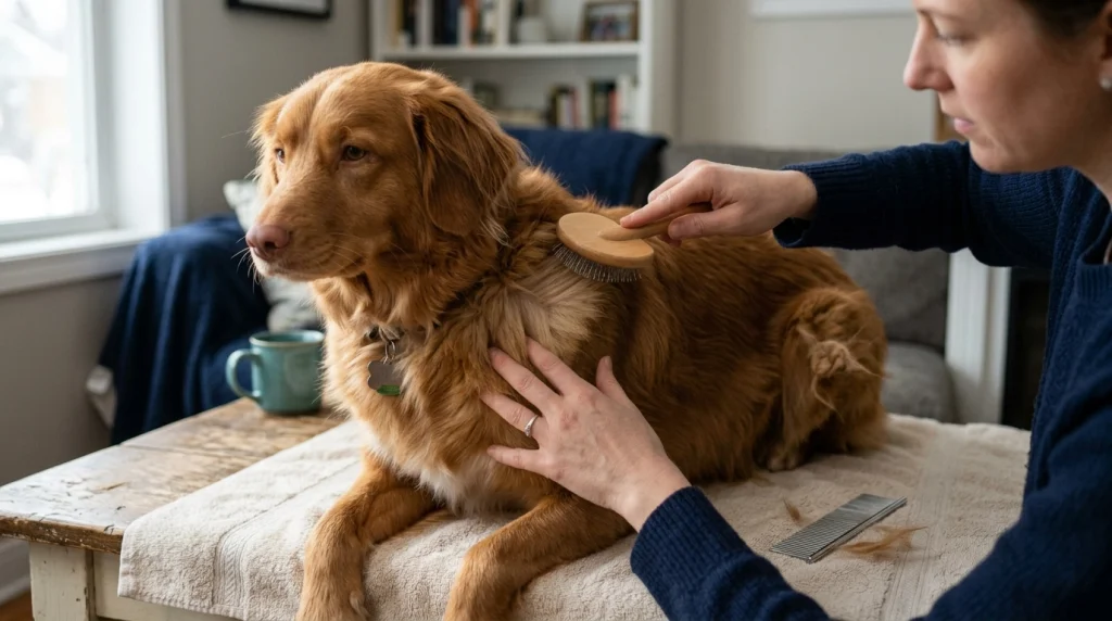Owner gently parts dog fur and avoids pressing a slicker brush hard against the skin