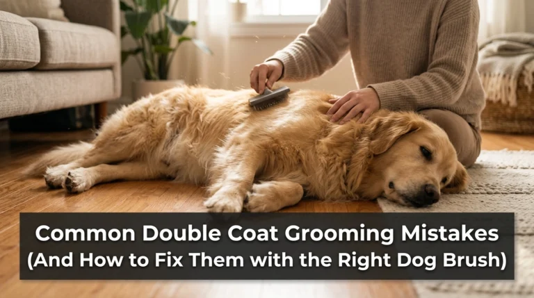 Person using a dog brush to avoid common double coat grooming mistakes.