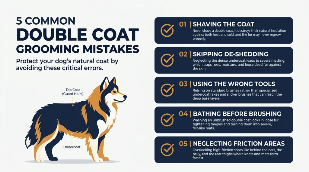 Infographic checklist of top double coat grooming mistakes.