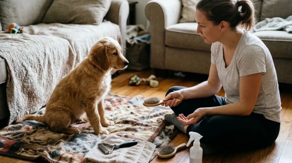 Owner pauses grooming when a puppy shows discomfort during brushing