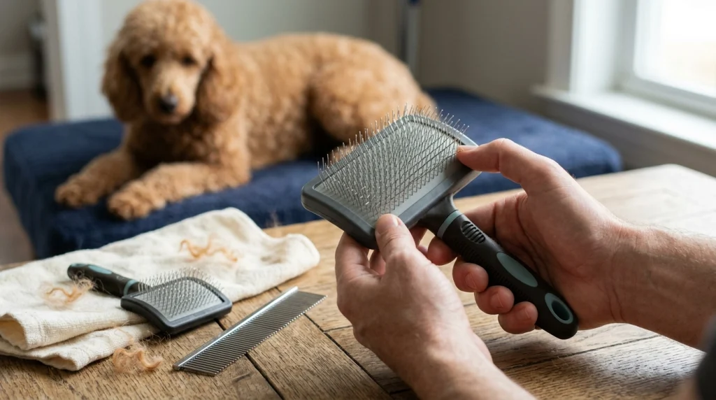 Close-up of a long-pin slicker brush showing angled pins, cushioned head, and comfortable grip for curly dog grooming.