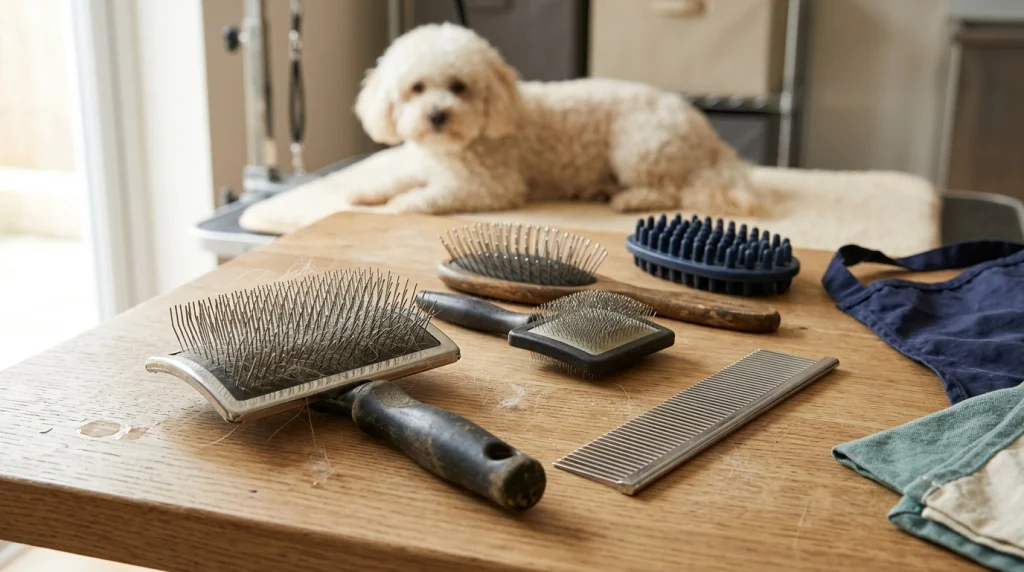 Five dog grooming tools compared: long-pin slicker, steel comb, pin brush, soft slicker, and rubber curry brush.