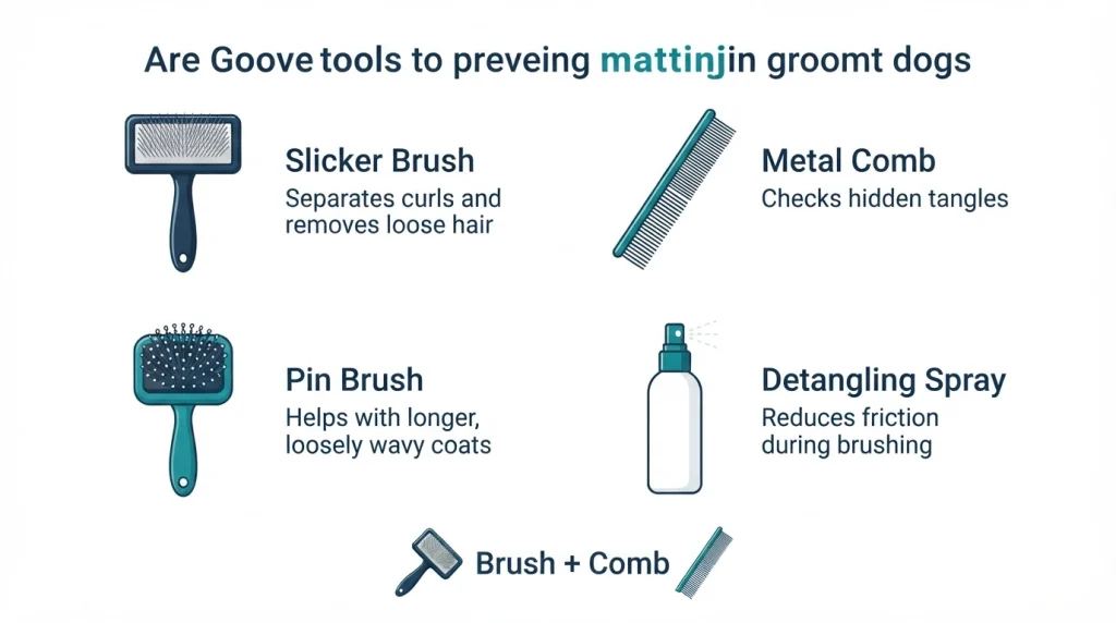 Infographic comparing slicker brush, metal comb, pin brush, and detangling spray for curly dog coats.