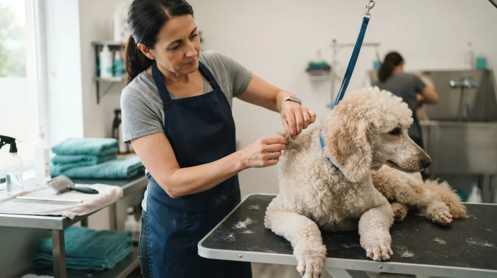 Professional groomer carefully checking mats in a curly Poodle coat at a grooming salon.