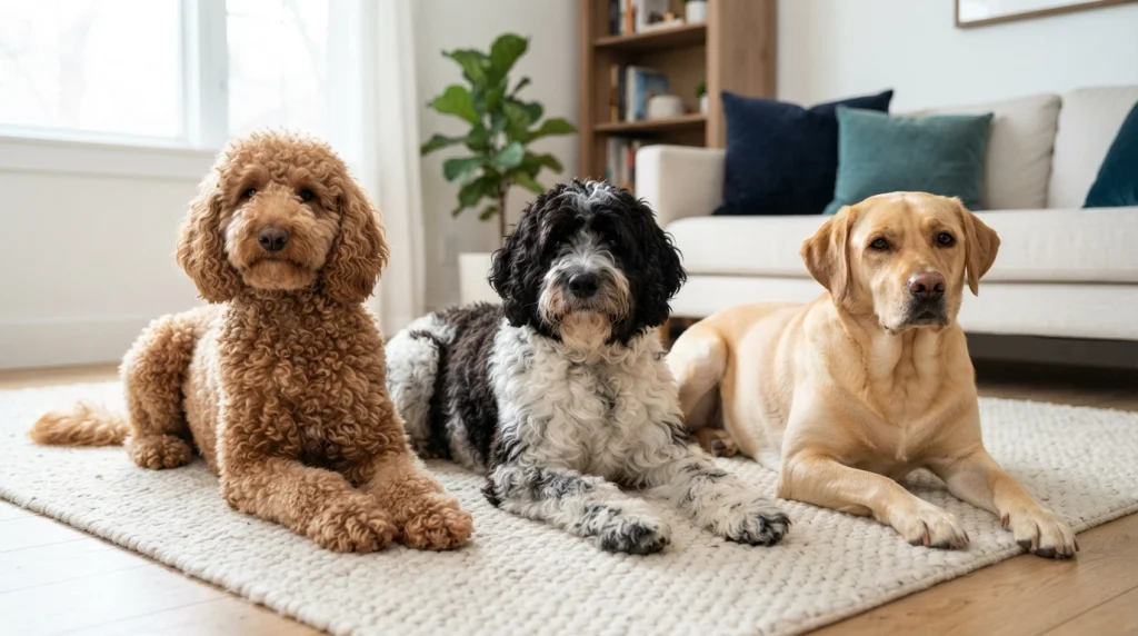 Curly Poodle, wavy Portuguese Water Dog, and straight-coated Labrador showing three dog coat textures.