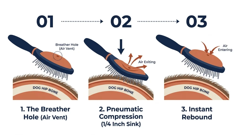 Process diagram of air cushion compression showing how dog brush design affects grooming comfort