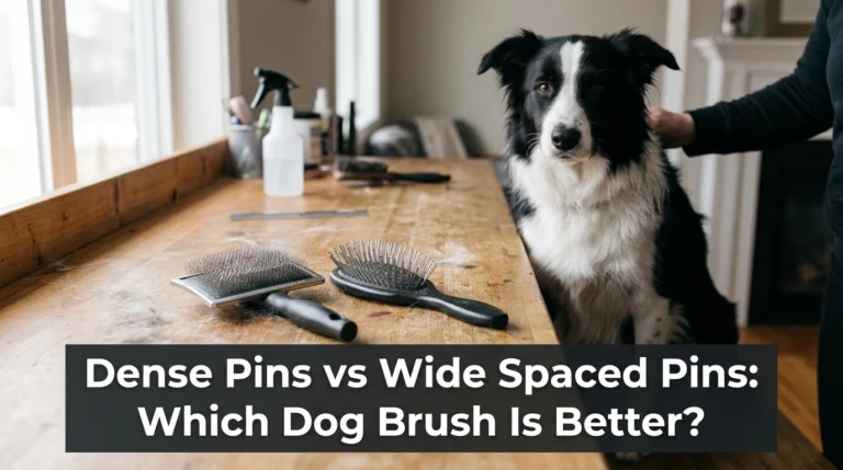 Dense pins vs wide spaced pins on slicker and pin brushes beside a Border Collie.