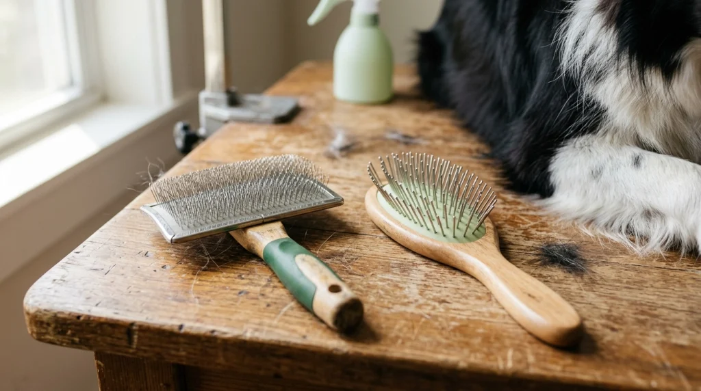 Dense pins vs wide spaced pins on a slicker brush and traditional dog pin brush.