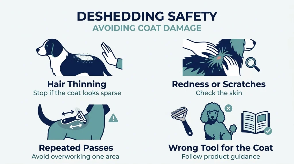Dog grooming safety checklist showing hair thinning, skin redness, repeated strokes, and tool mismatch.