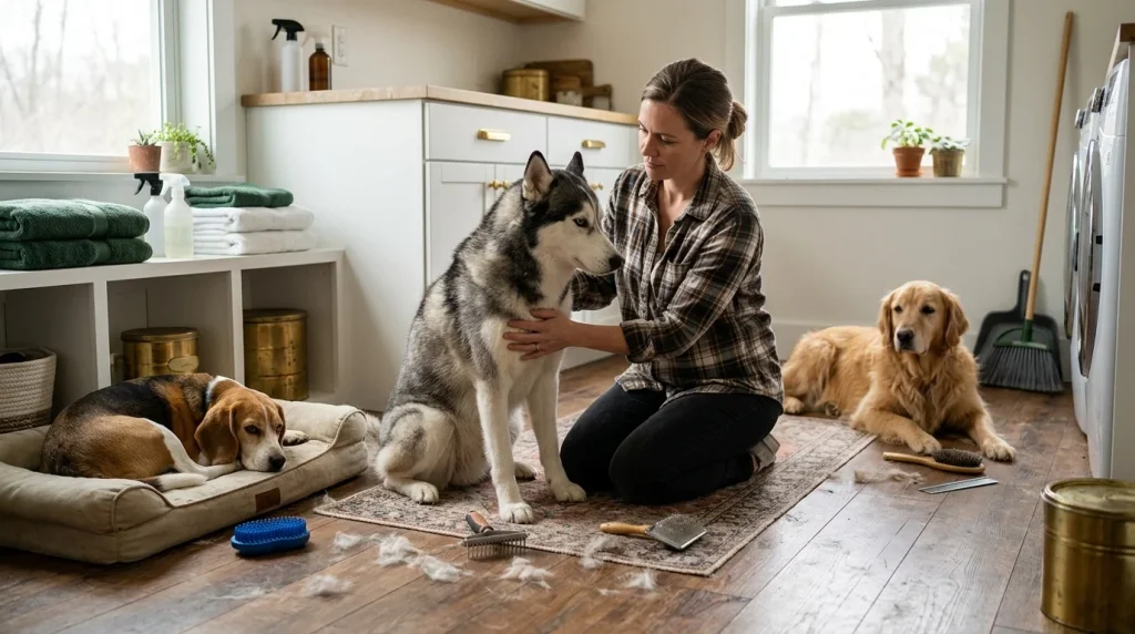 Three dogs with different coat types and appropriate brushes for regular grooming