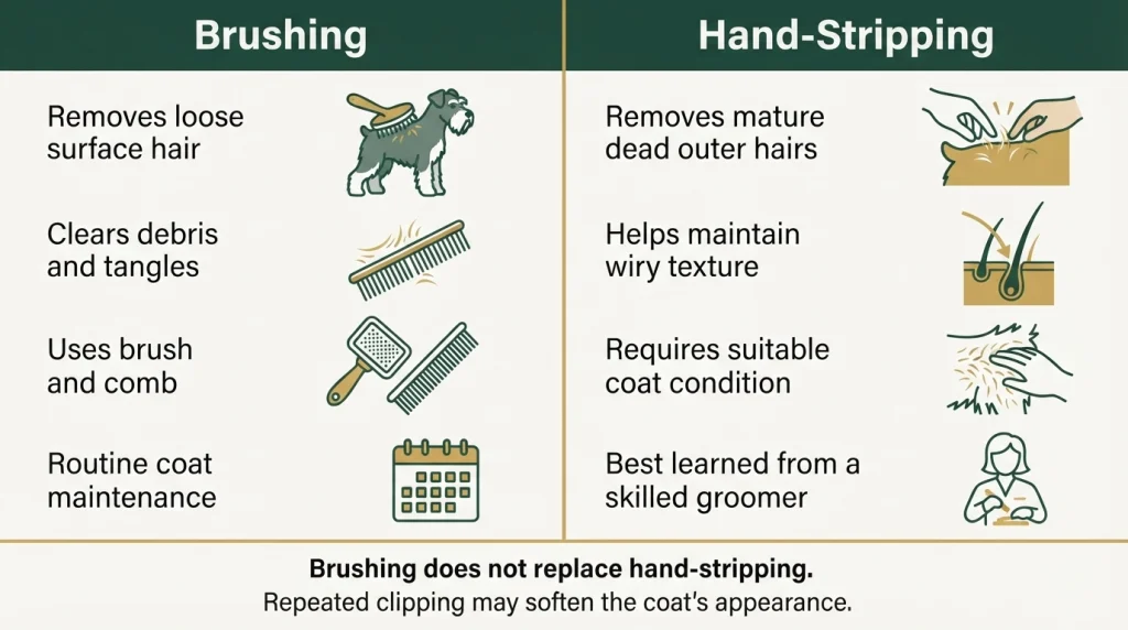 Comparison of brushing and hand-stripping a wire coat, showing their different purposes and tools.