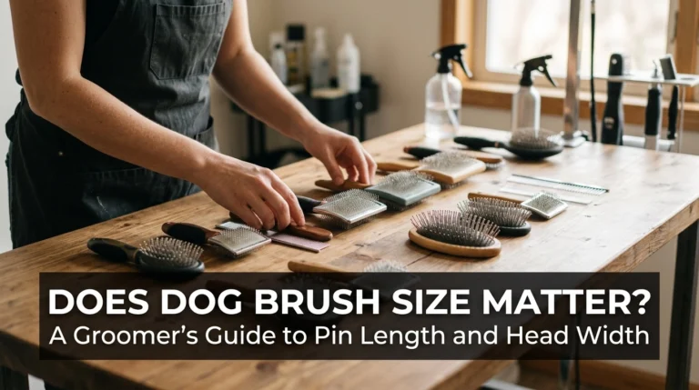 Professional dog grooming brushes of different sizes laid out on a table for size comparison.