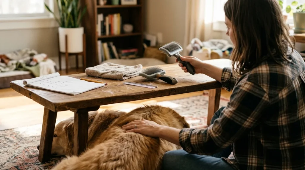 Dog owner comparing grooming brushes using a practical coat-care checklist