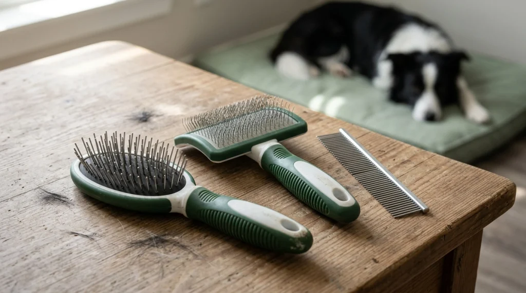 Flat and curved dog brushes showing pin length, spacing, head size, and handle grip.