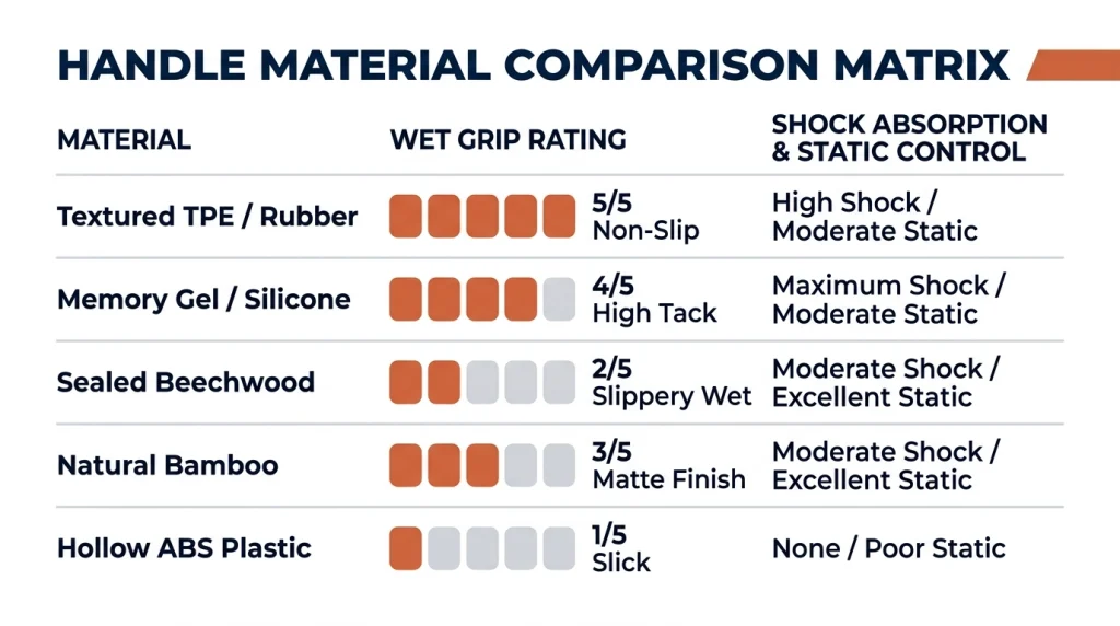 Comparison chart rating TPE rubber, memory gel, beechwood, bamboo, and ABS plastic dog brush handles.