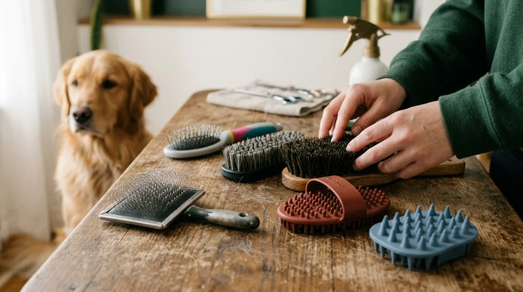 Six dog brush materials displayed beside a dog, including steel, nylon, natural bristles, rubber, and silicone.