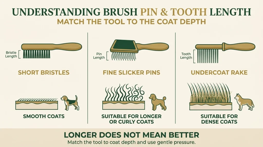 Dog brush pin length infographic comparing short bristles, slicker pins, and undercoat rake teeth.
