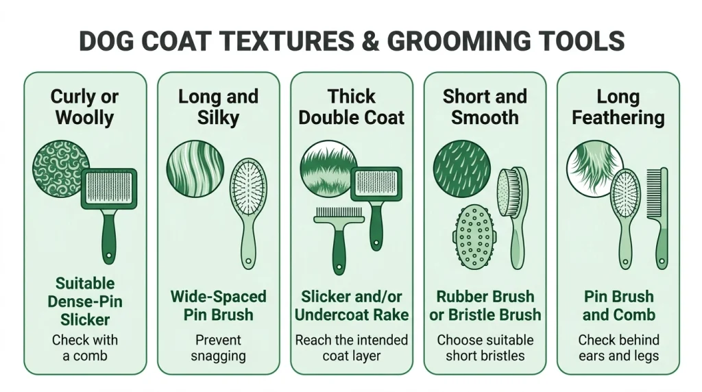 Dog brush selection infographic for curly, silky, double, smooth, and feathered coats.